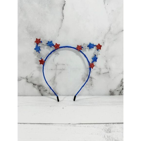 4th of July Patriotic Red & Blue Glitter Stars Cat Ears Headband - Picture 4 of 4